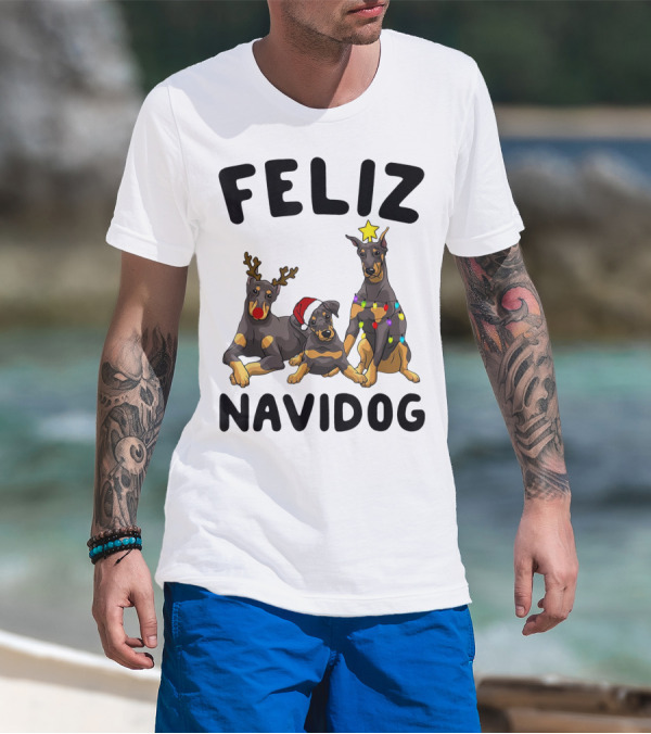 Feliz Navidog Doberman Pinscher With Reindeer Antlers Santa Hat And Christmas Lights T-Shirt