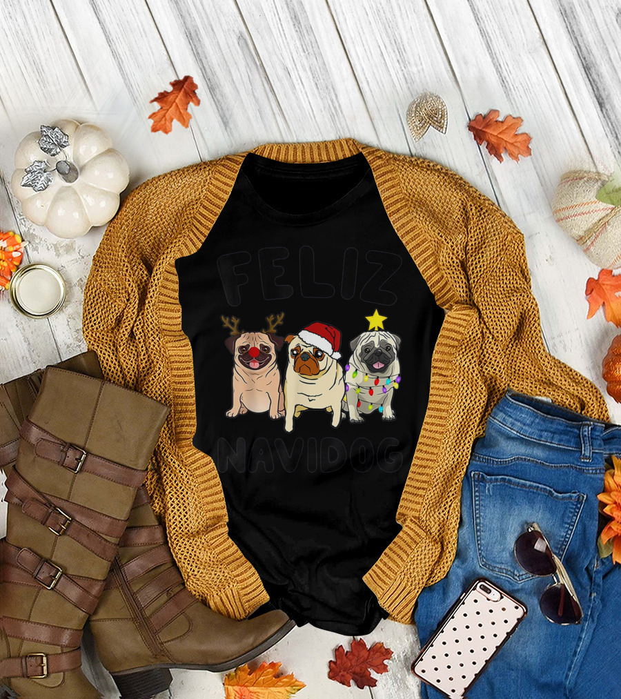 Feliz Navidog Pugs Christmas Antlers Santa Hat Lights T-Shirt