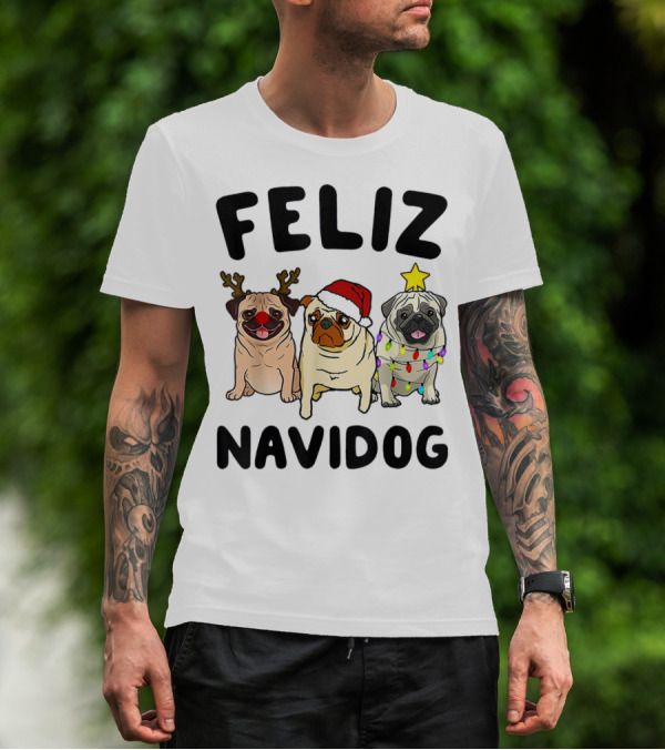 Feliz Navidog Pugs Christmas Antlers Santa Hat Lights T-Shirt