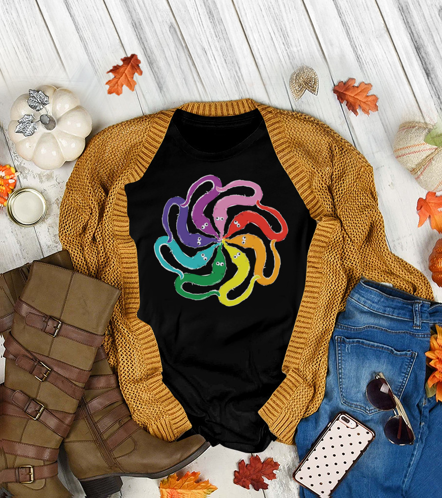 Funny Fuzzy Worm On A String Rainbow Mandala Kaleidoscope T-Shirt