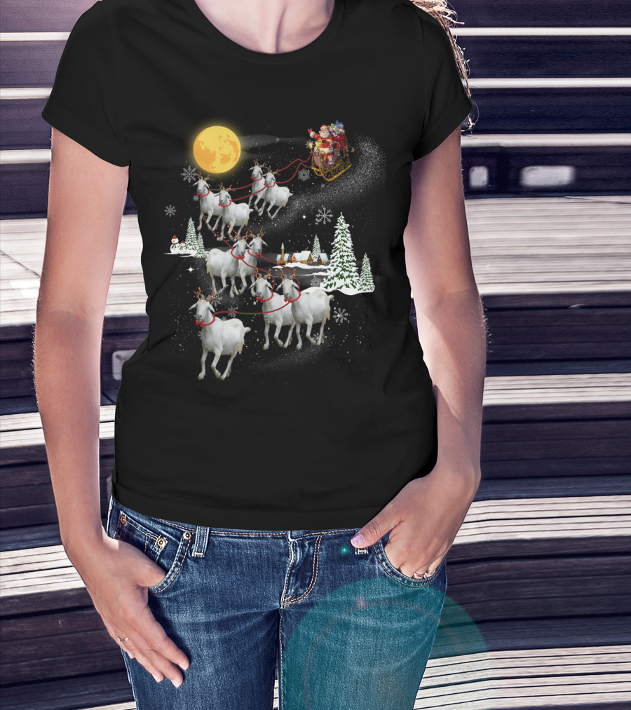 Funny Santa Riding Goat Sleigh Under Full Moon T-Shirt