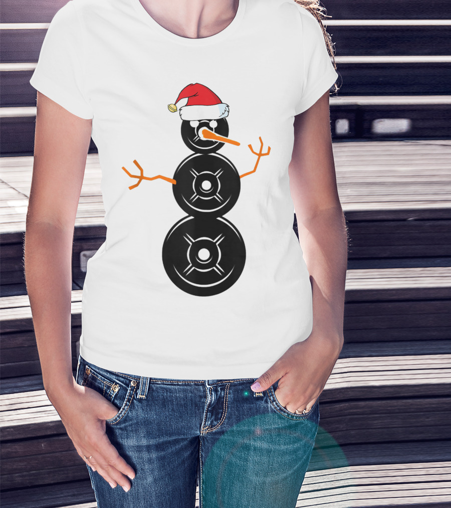 Funny Santa Hat Weightlifting Snowman Barbell T-Shirt