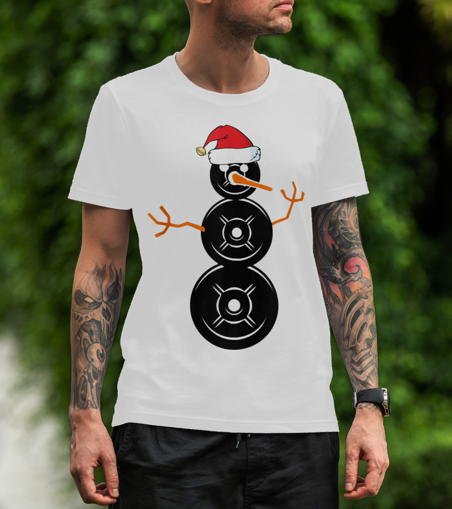 Funny Santa Hat Weightlifting Snowman Barbell T-Shirt
