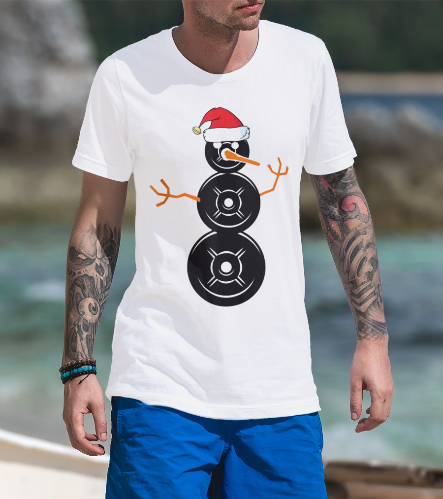 Funny Santa Hat Weightlifting Snowman Barbell T-Shirt