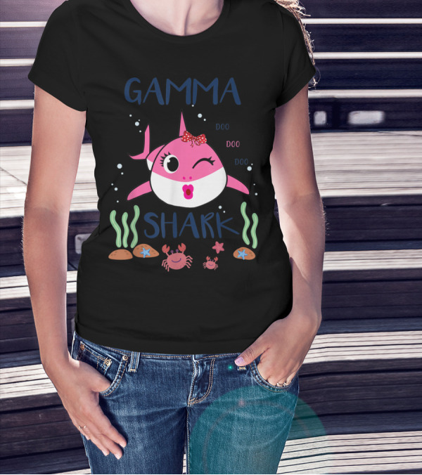 Gamma Shark Doo Doo Doo Winking Pink Shark With Bow And Marine Life T-Shirt