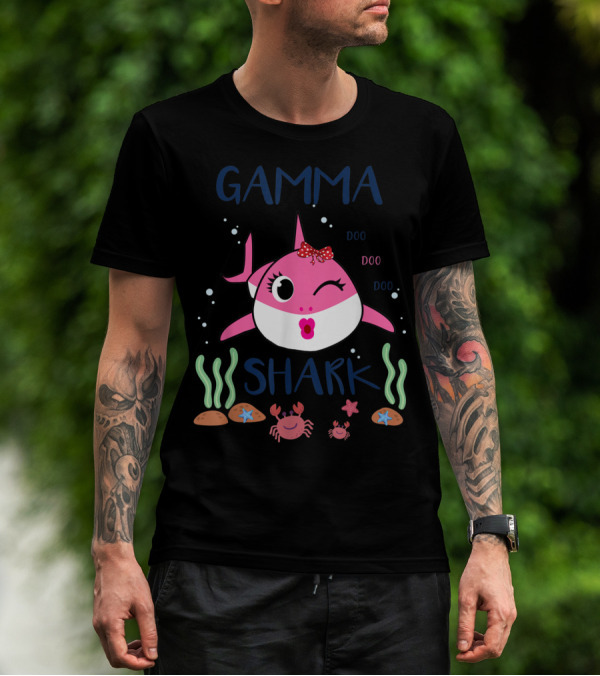 Gamma Shark Doo Doo Doo Winking Pink Shark With Bow And Marine Life T-Shirt