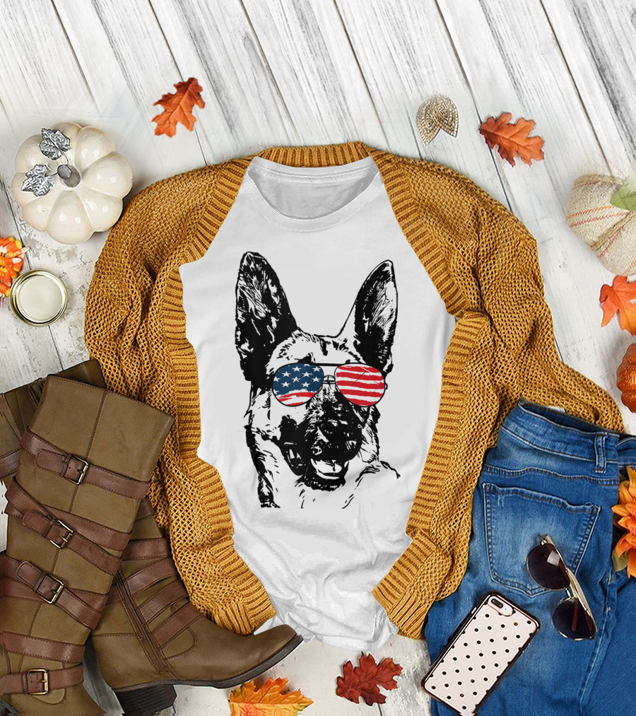 German Shepherd with American Flag Sunglasses 4th of July T-Shirt