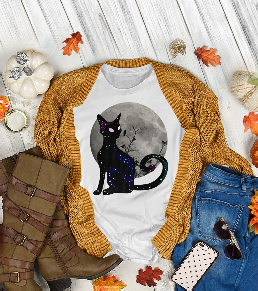Halloween Scary Black Cat Gothic Full Moon Ravens T-Shirt