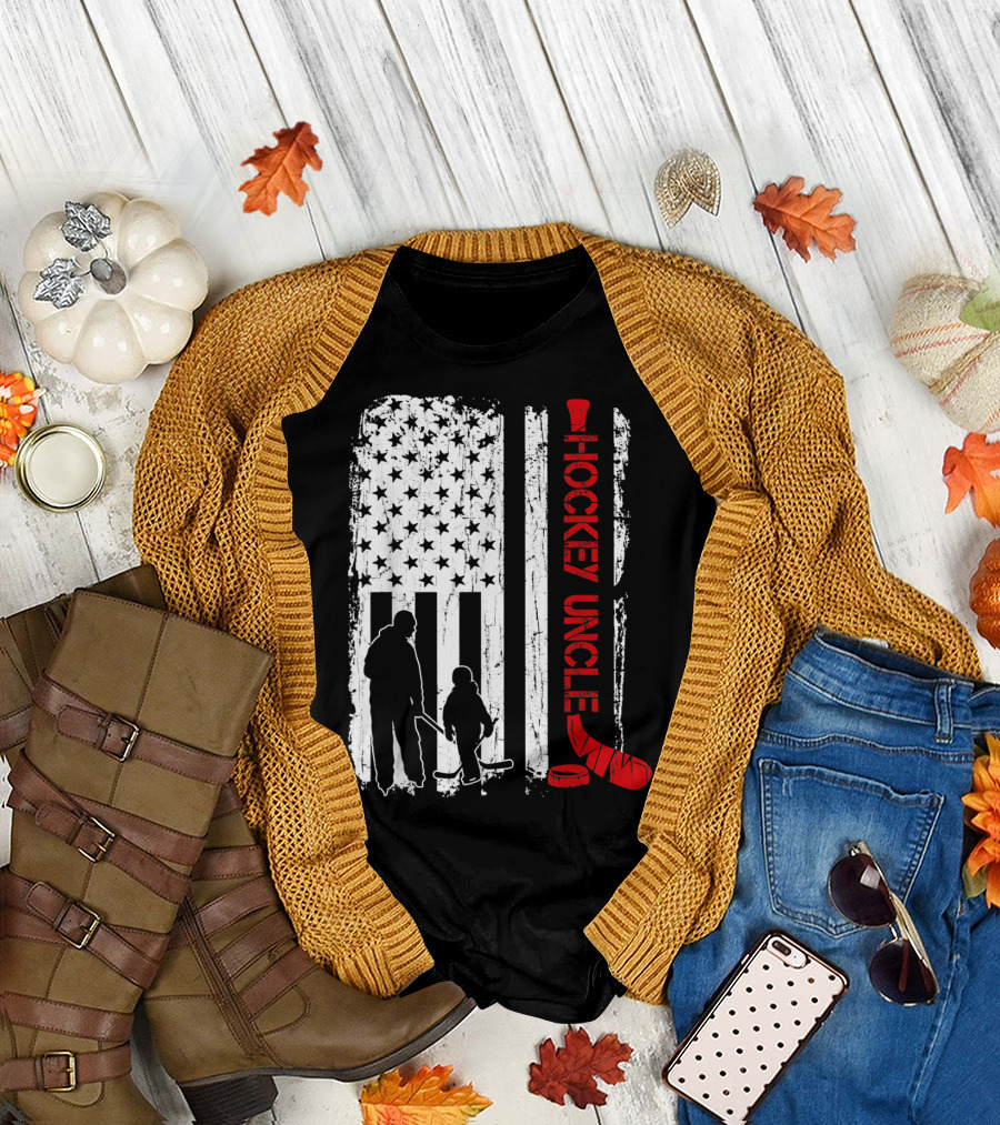 Hockey Uncle American Flag Silhouette with Stick and Player T-Shirt
