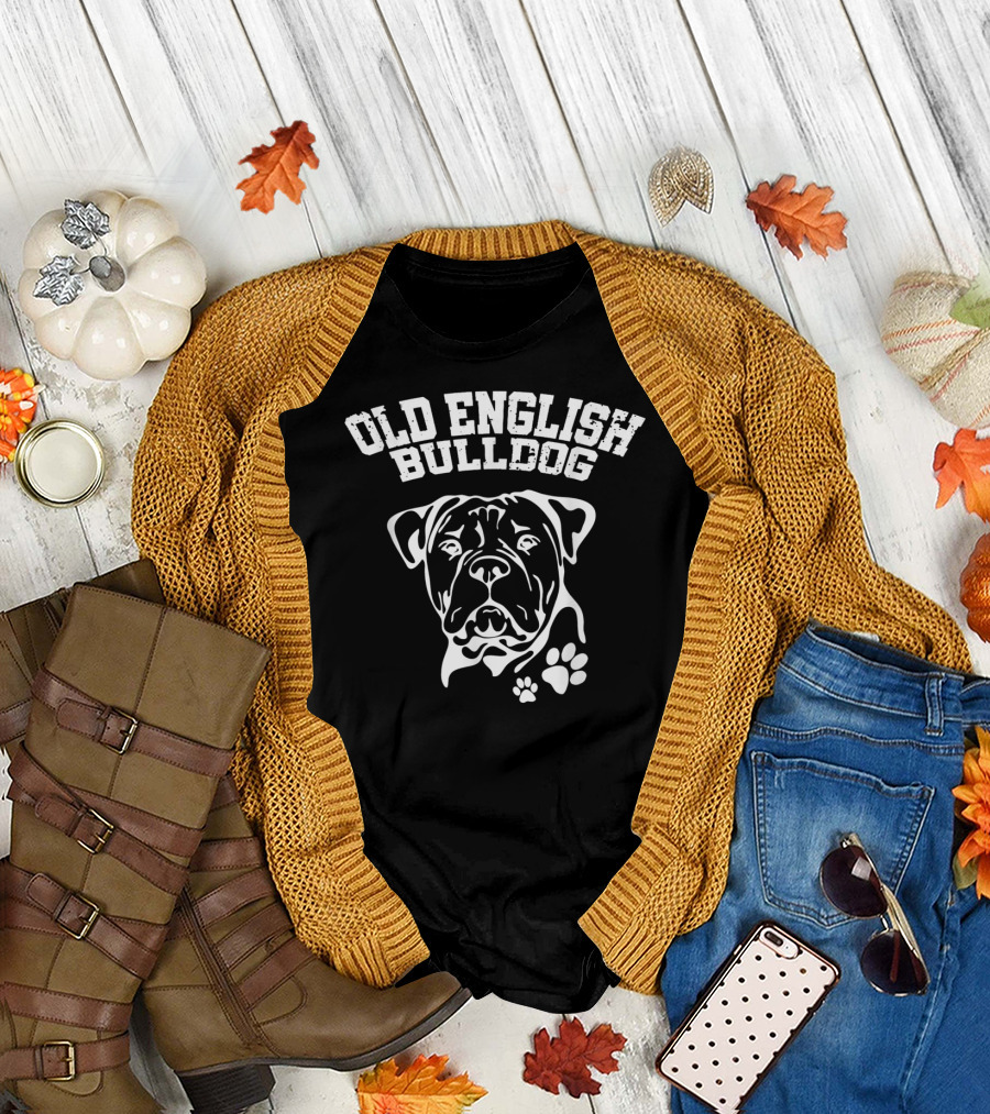 Old English Bulldog Illustration with Text and Paw Prints T-Shirt
