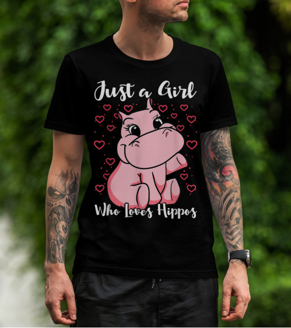 Just A Girl Who Loves Hippos Cute Animal Pink Hearts T-Shirt