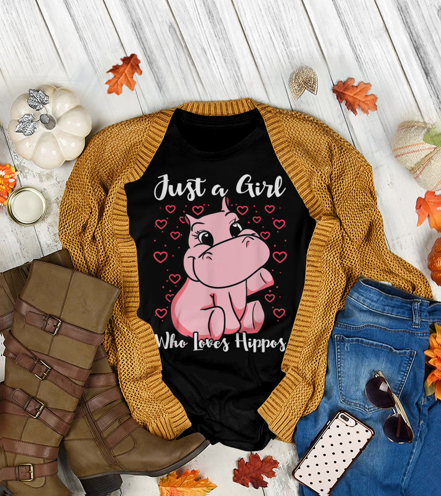Just A Girl Who Loves Hippos Cute Animal Pink Hearts T-Shirt