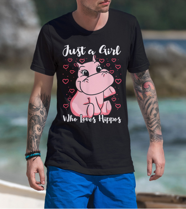Just A Girl Who Loves Hippos Cute Animal Pink Hearts T-Shirt