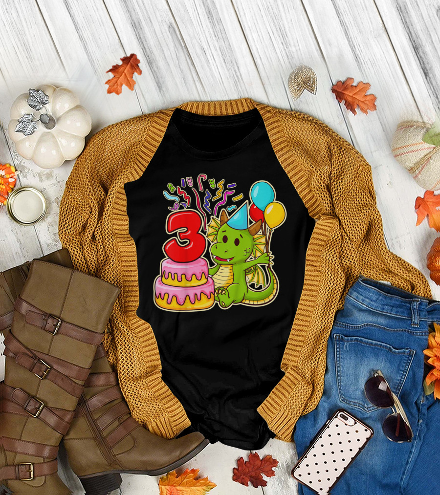 Kids 3rd Birthday Dragon Party Cake Balloons Confetti 3 Year Old T-Shirt