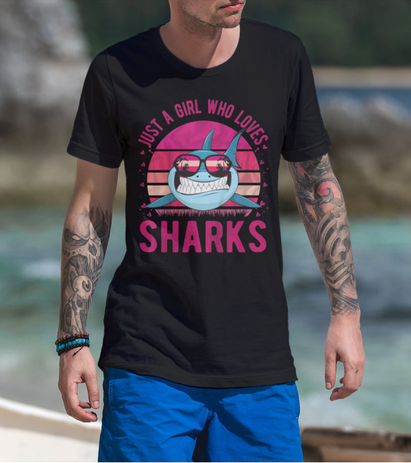 Just A Girl Who Loves Sharks Retro Sunset T-Shirt