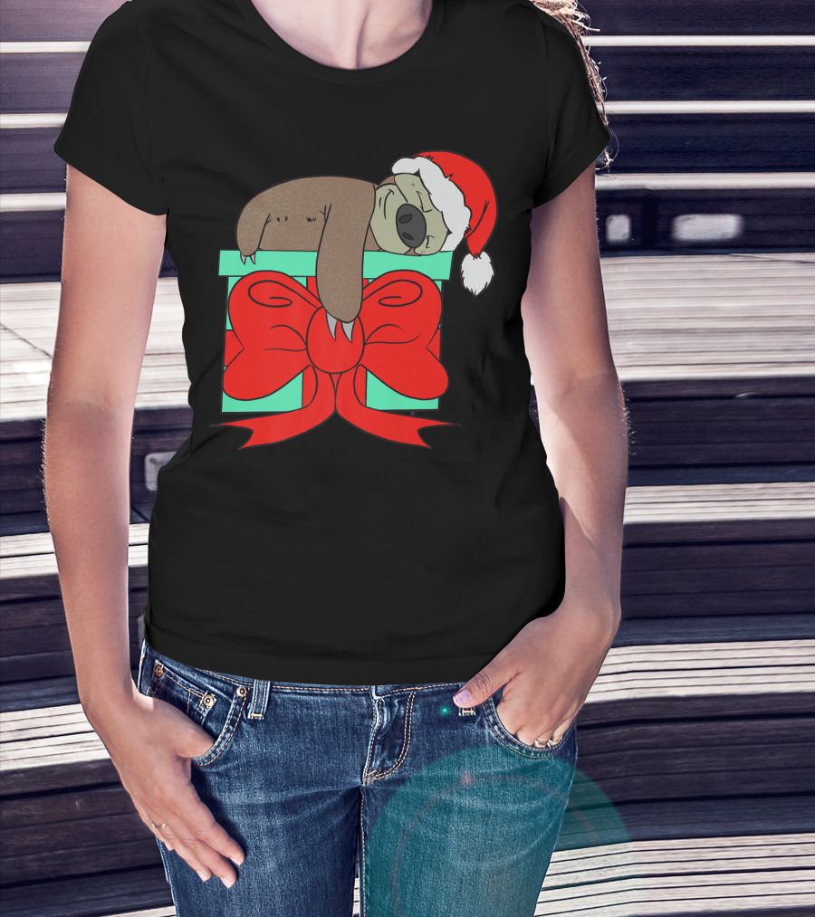 Lazy Christmas Sloth With Santa Hat And Gift Box Cute Funny Love It T-Shirt