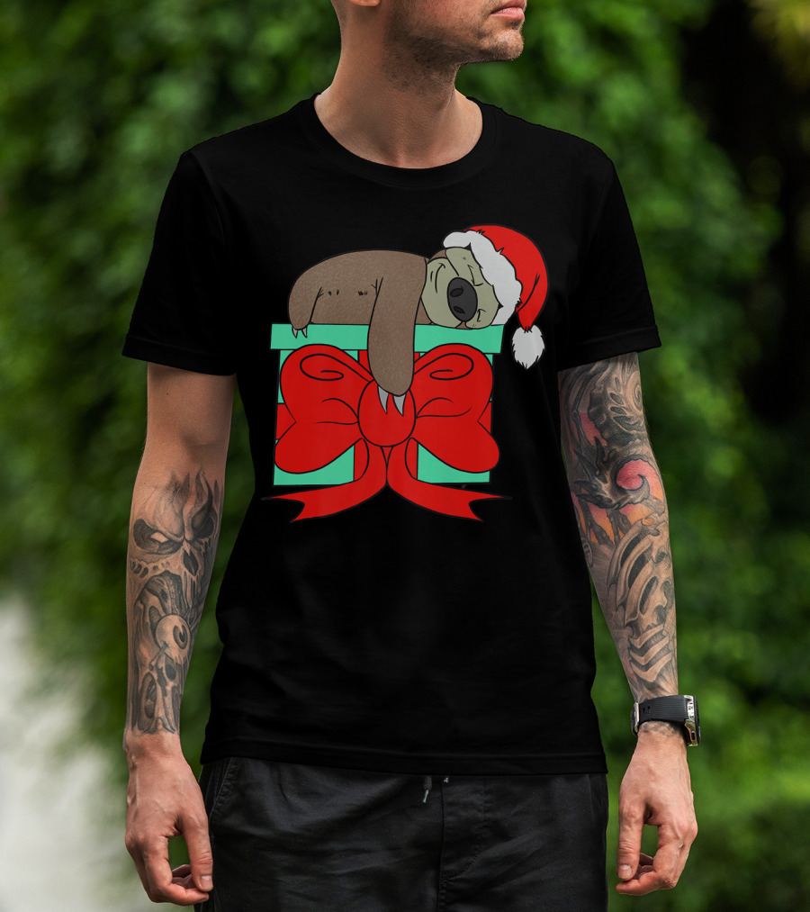 Lazy Christmas Sloth With Santa Hat And Gift Box Cute Funny Love It T-Shirt