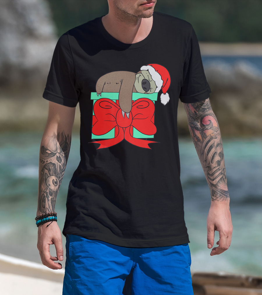 Lazy Christmas Sloth With Santa Hat And Gift Box Cute Funny Love It T-Shirt