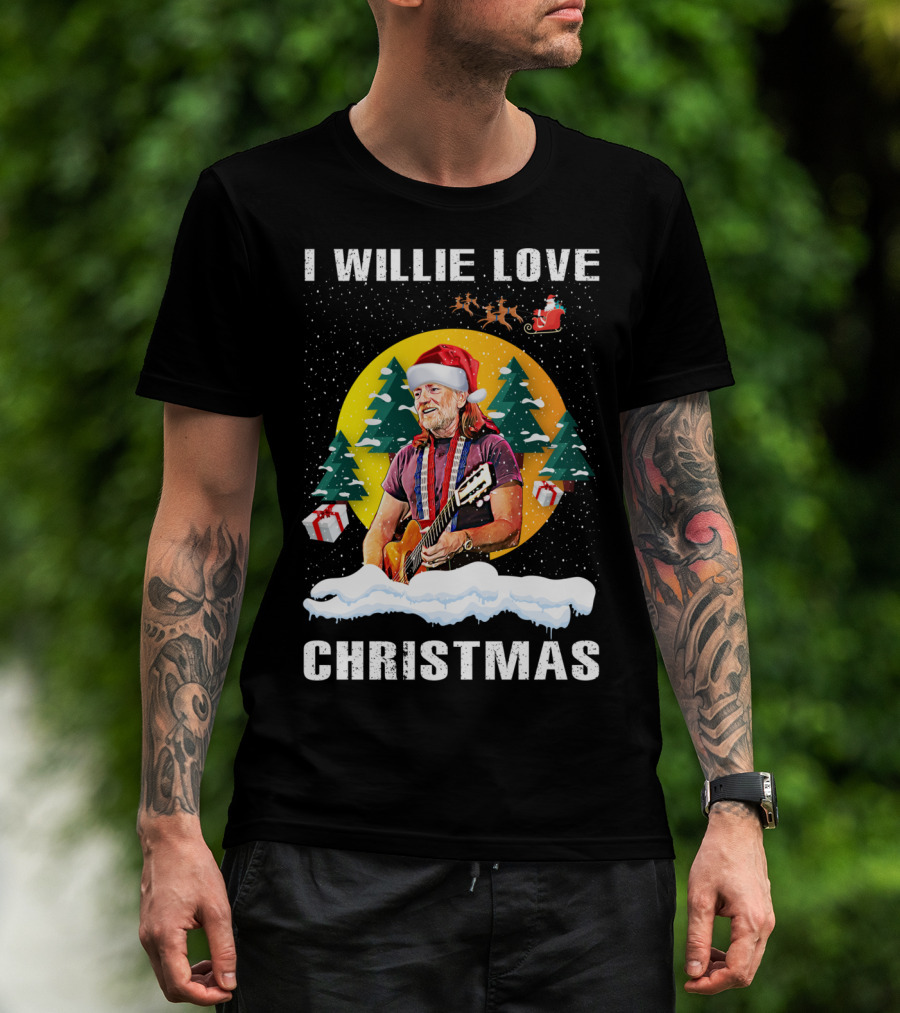 I Willie Love Christmas Santa Hat Guitar Snow Scene T-Shirt