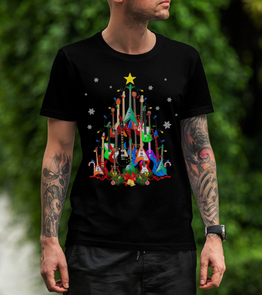 Mens Womens Guitar Christmas Tree Star Candy Canes Snowflakes Holiday Lights T-Shirt