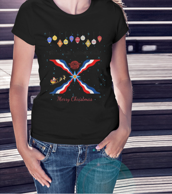 Merry Christmas Aramaic Eedokhoon Breekhaa Festive Ornaments And Assyrian Flag With Santa Sleigh T-Shirt