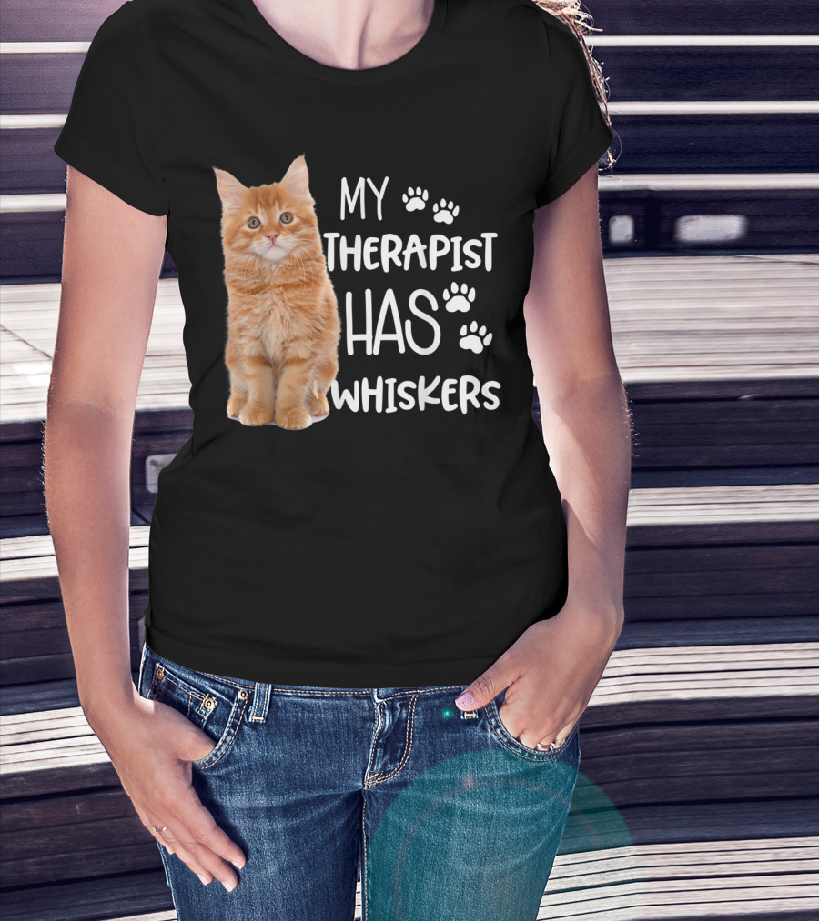 My Therapist Has Whiskers Funny Cat Lovers With Paw Prints And Orange Kitten T-Shirt