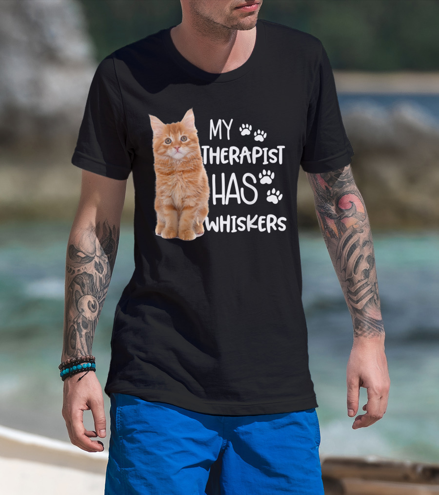 My Therapist Has Whiskers Funny Cat Lovers With Paw Prints And Orange Kitten T-Shirt