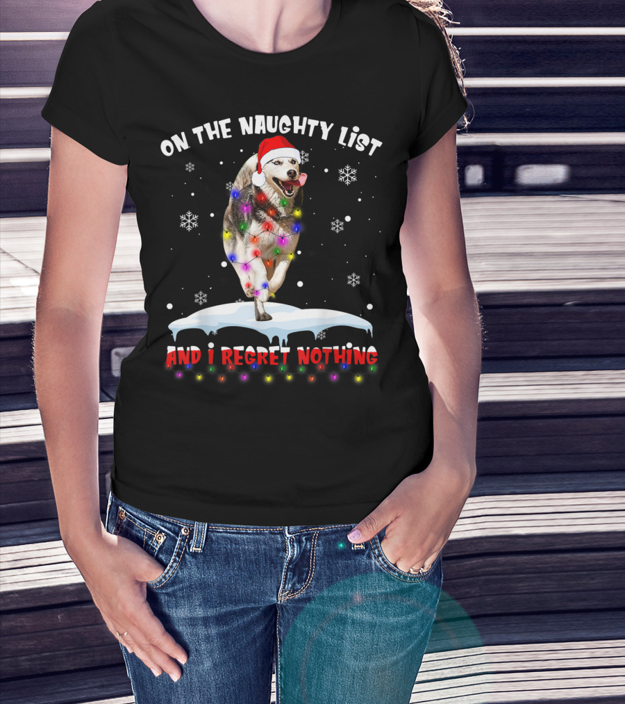 On The Naughty List And I Regret Nothing Husky In Santa Hat With Christmas Lights And Snowflakes T-Shirt