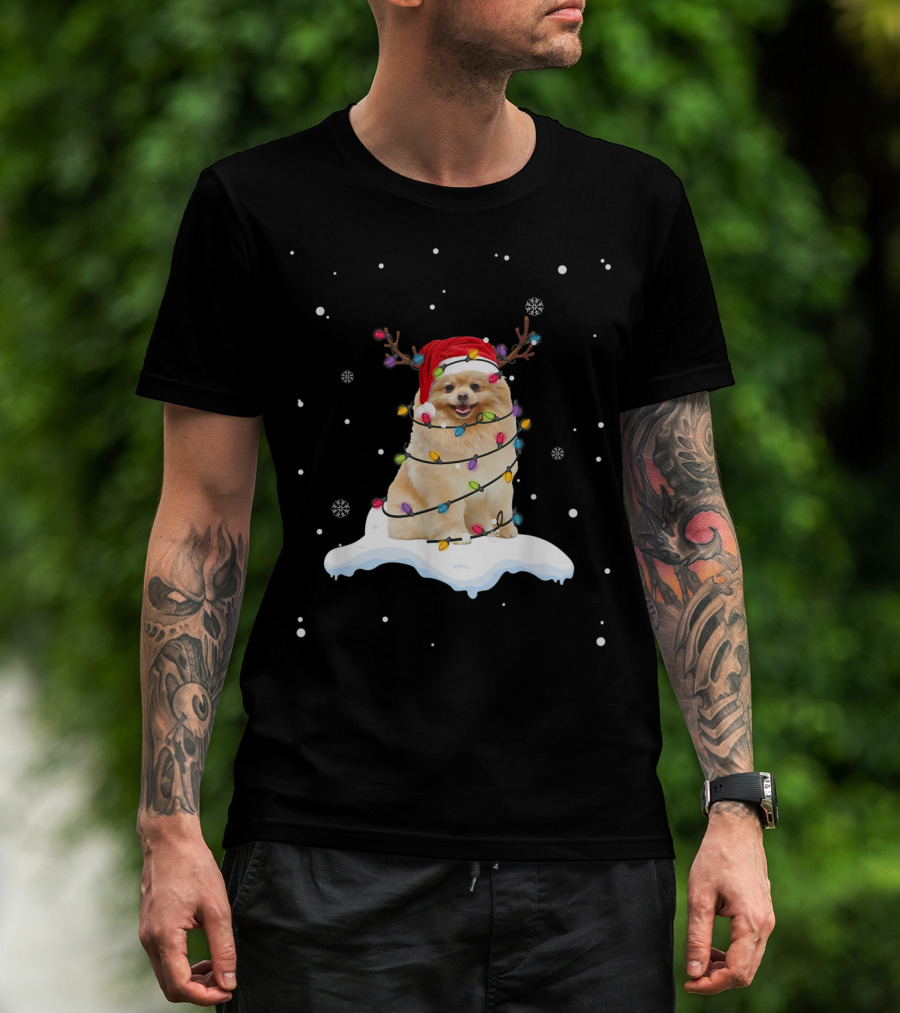 Pomeranian Santa Hat Wrapped In Christmas Lights With Reindeer Antlers And Snowflakes T-Shirt