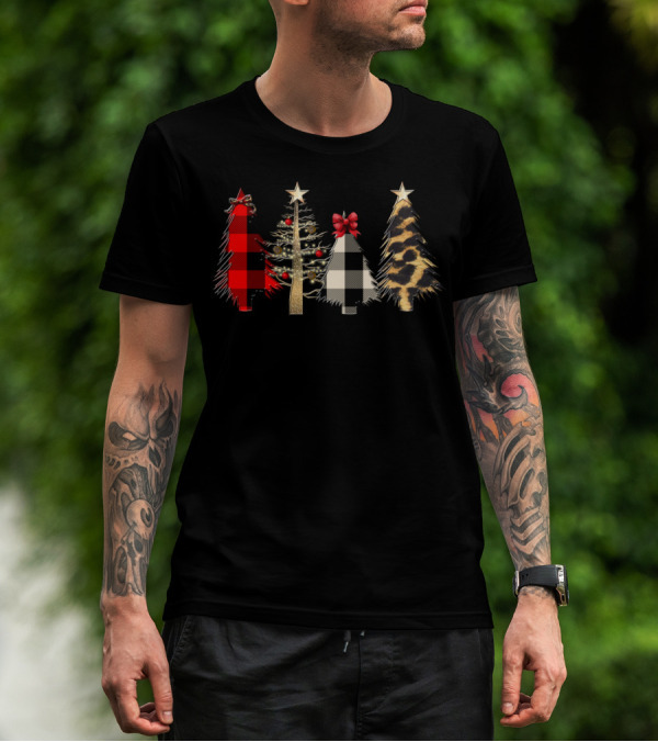 Red Plaid Black White Gold Leopard Christmas Trees T-Shirt
