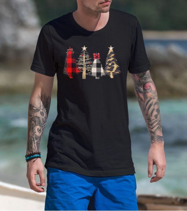 Red Plaid Black White Gold Leopard Christmas Trees T-Shirt