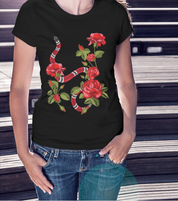 Royal Striped Snake And Flower Red Roses Botanical T-Shirt