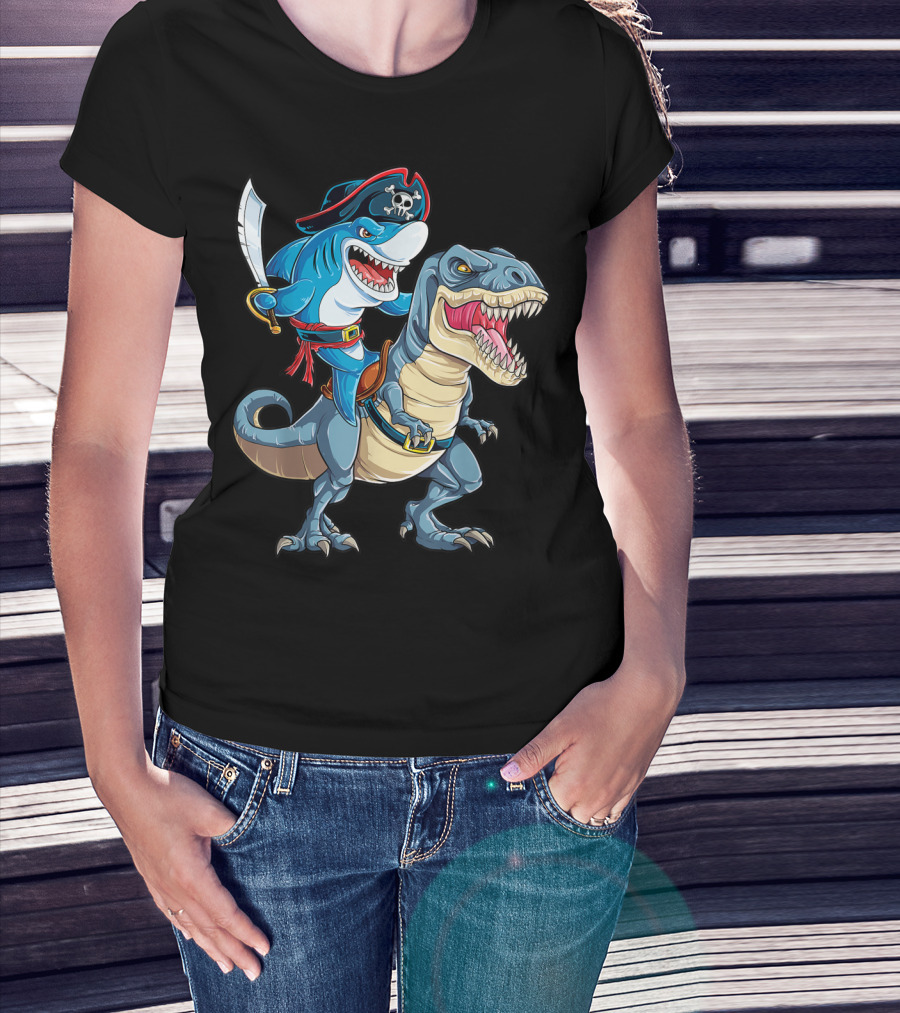 Shark Pirate Riding Dinosaur Rex Jawsome Adventure T-Shirt
