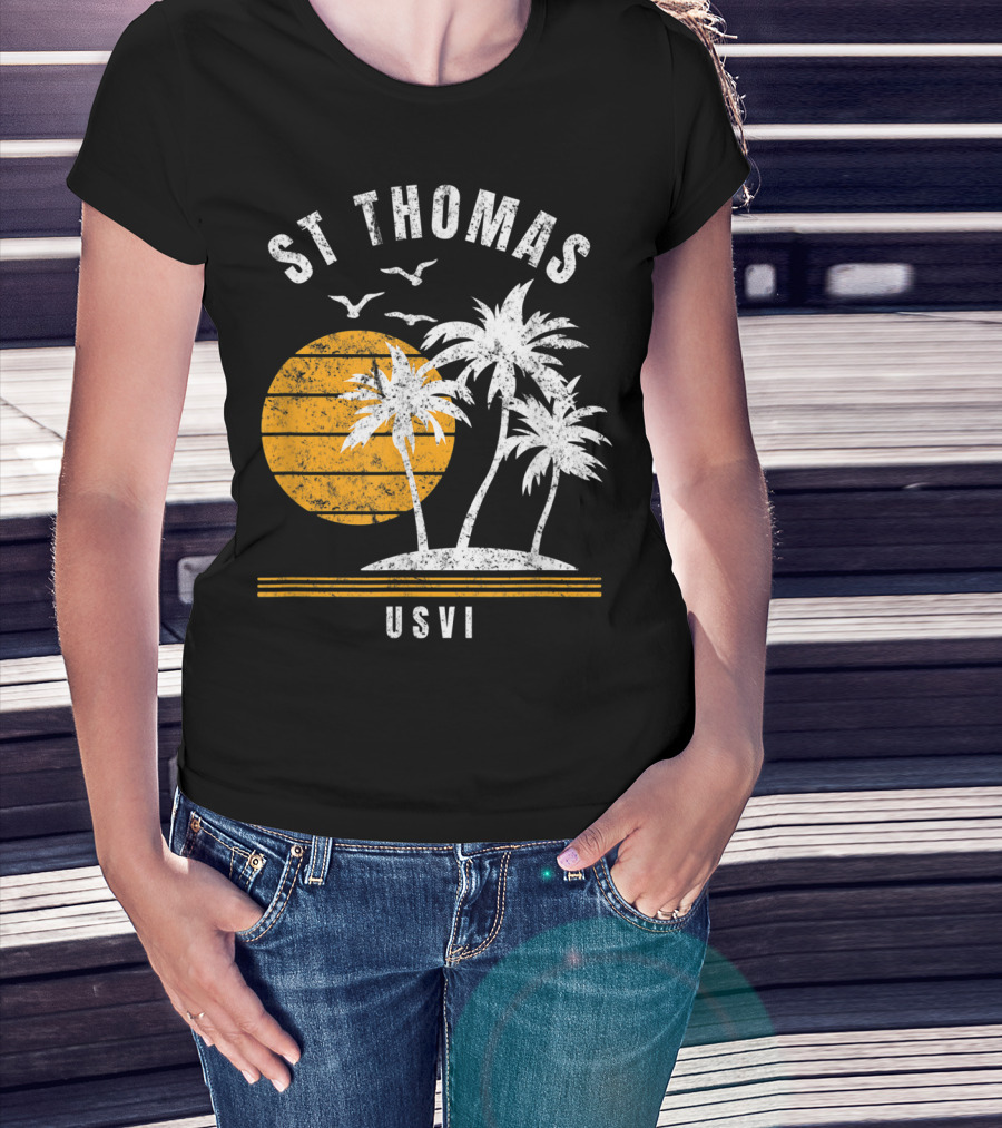 St Thomas USVI Caribbean Sunset With Palm Trees And Birds T-Shirt