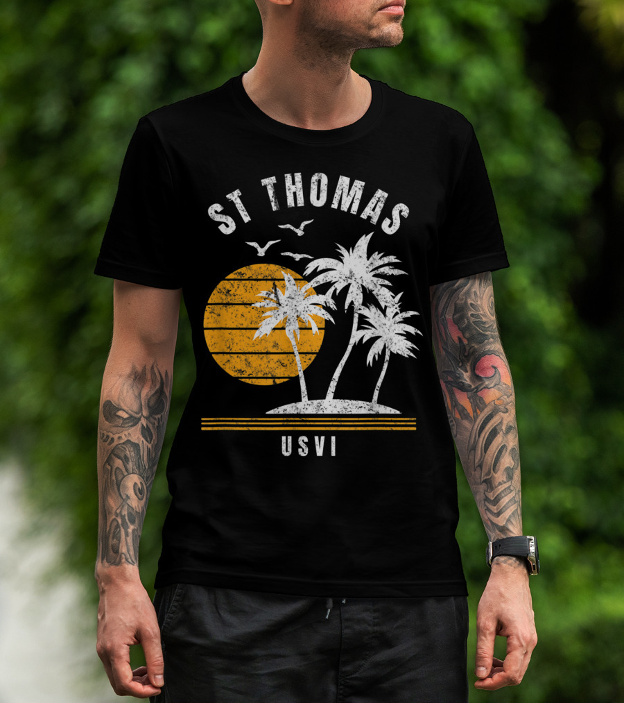 St Thomas USVI Caribbean Sunset With Palm Trees And Birds T-Shirt