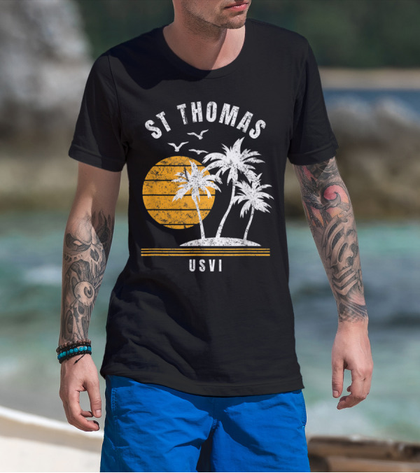 St Thomas USVI Caribbean Sunset With Palm Trees And Birds T-Shirt