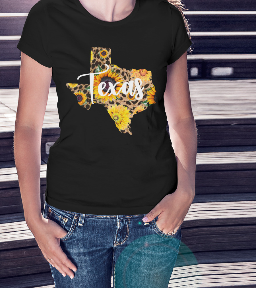 Texas Sunflower Leopard Print Wildflower State Map T-Shirt
