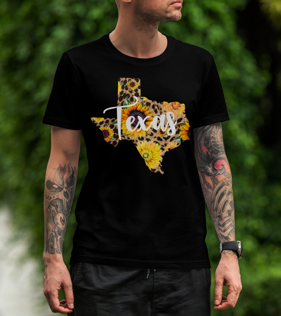 Texas Sunflower Leopard Print Wildflower State Map T-Shirt
