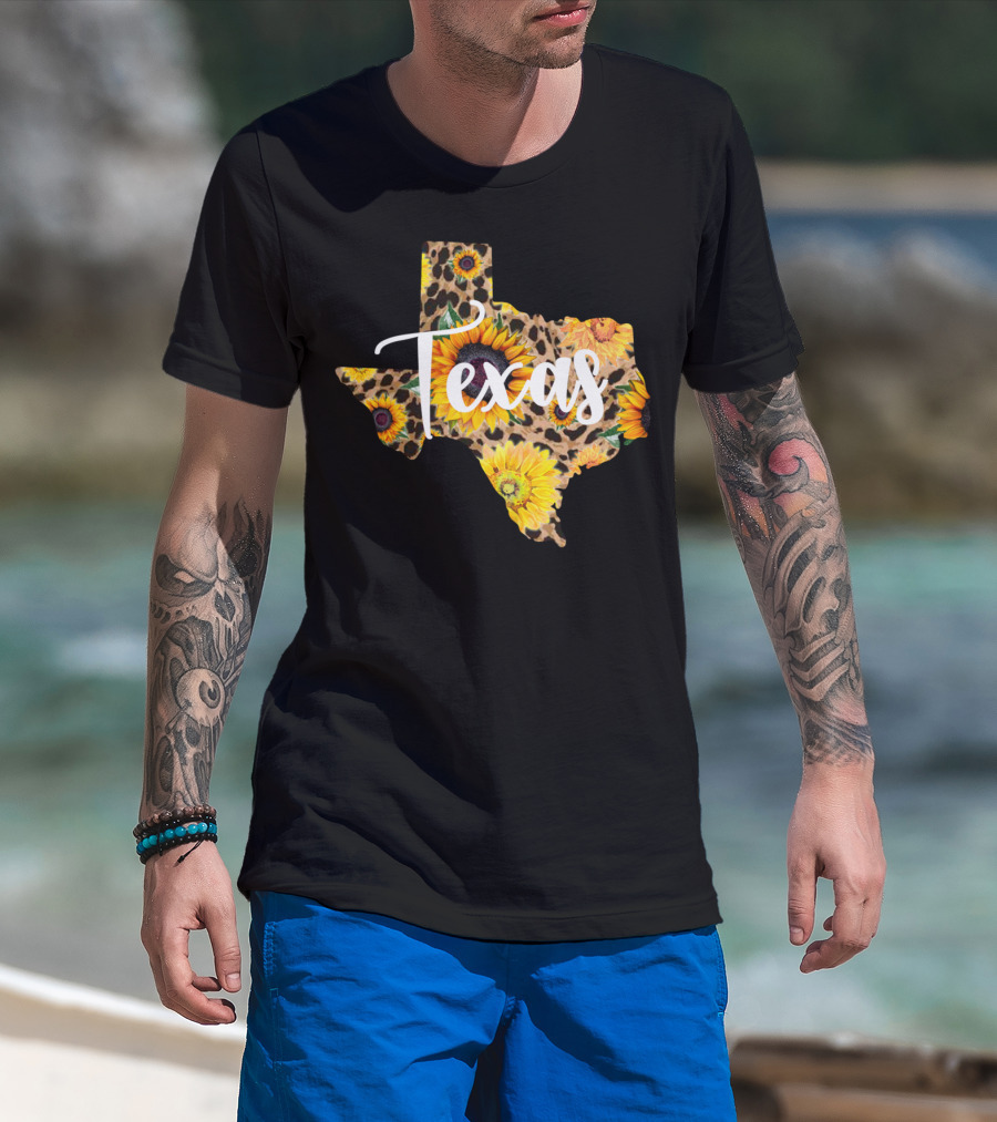 Texas Sunflower Leopard Print Wildflower State Map T-Shirt