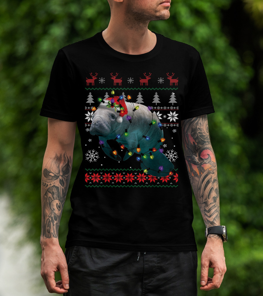 Ugly Christmas Manatee Santa Funny Mana Lover Holiday Lights T-Shirt
