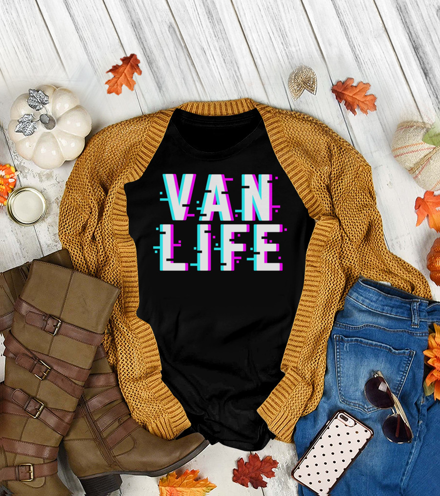 Van Life Camper Van Glitch Typography T-Shirt