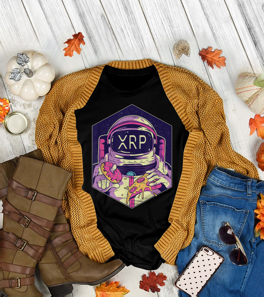 XRP Symbol Astronaut Eating Pizza and Donut Crypto Currency to the Moon T-Shirt