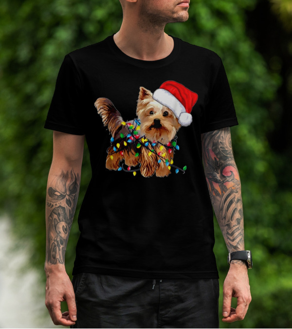 Yorkie Christmas Lights Santa Hat T-Shirt