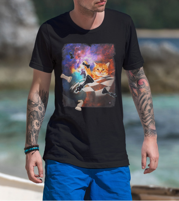 Chess Cat Floating Between Stars And Nebula With Chess Pieces T-Shirt