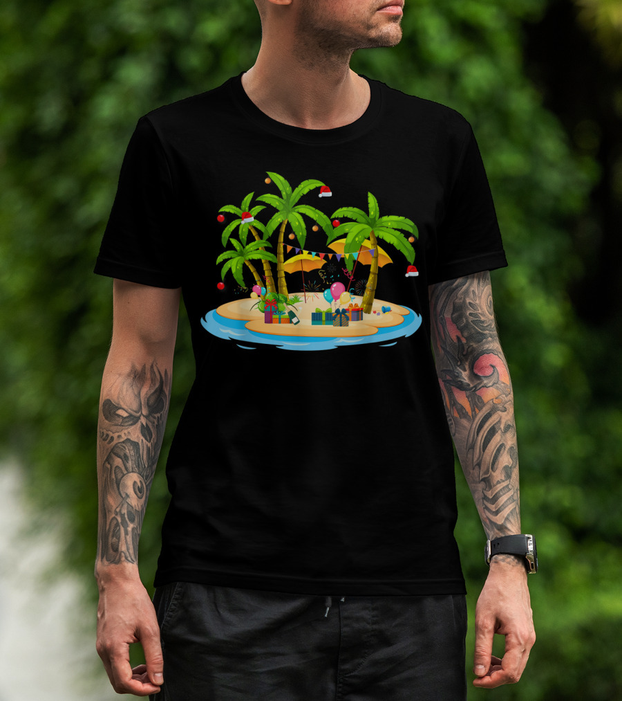 Tropical Christmas Island With Palm Trees And Coconuts T-Shirt