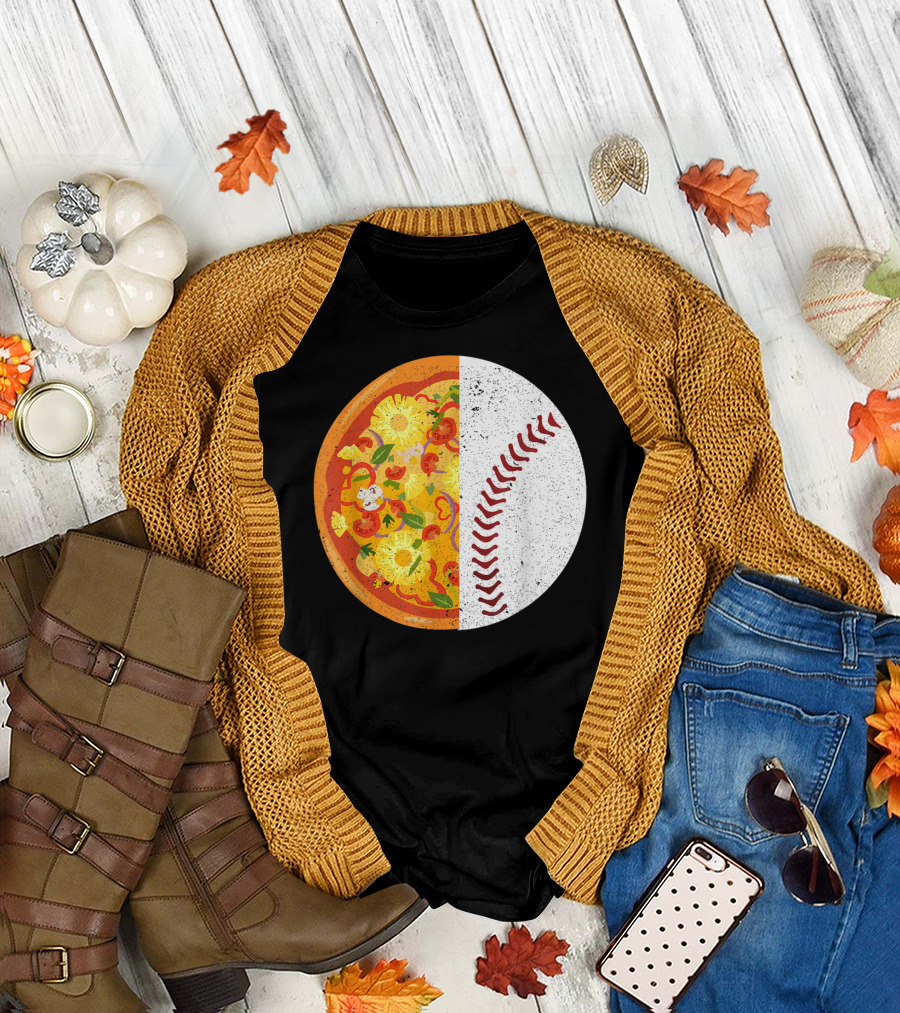 Funny Baseball Lover Eat Pizza Half Sport Pizza Baseball T-Shirt