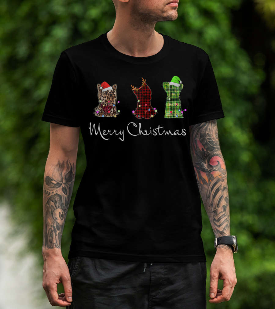 Merry Christmas Three Yorkshire Terriers Leopard Red Green Checkered T-Shirt