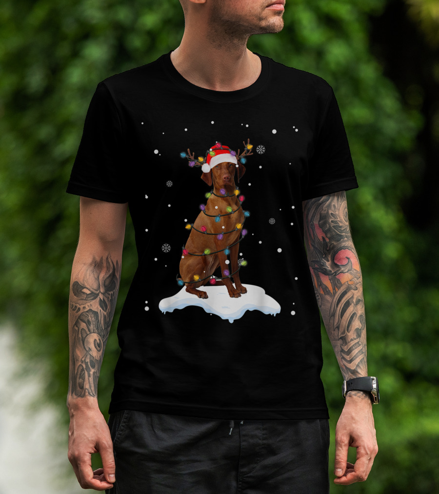 Vizsla Wrapped In Christmas Lights With Santa Hat And Antlers In Snow T-Shirt