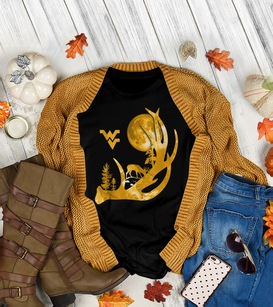West Virginia Mountaineers Antler Moon Deer Silhouette Fan T-Shirt