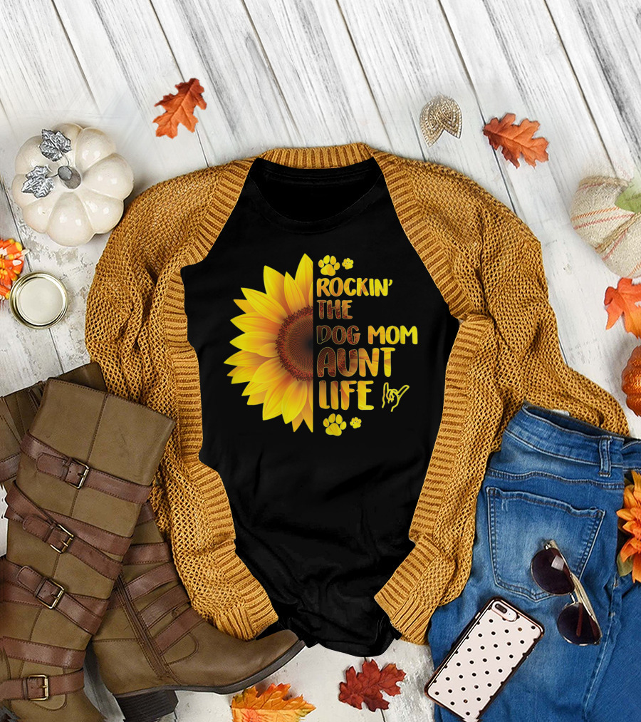 Rockin' the Dog Mom Aunt Life Sunflower Paw Prints T-Shirt